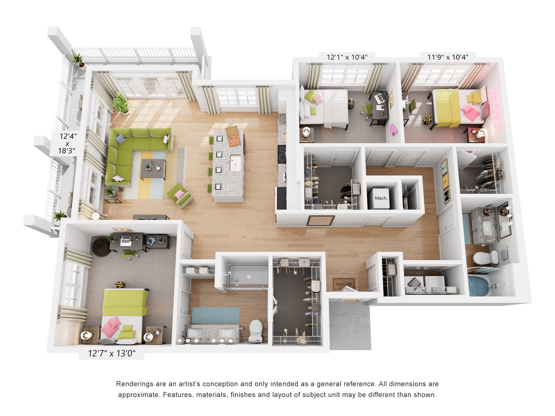 Floor plan for 3 beds, 2 baths, 1403 sqft
